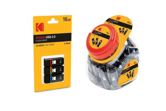 A package of Kodak USB 2.0 flash drives to the left of a jar of flash drives.